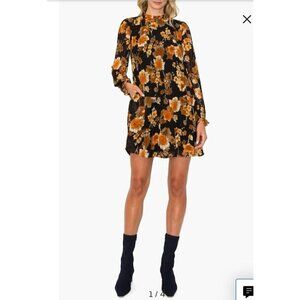 Melloday Black Muti-color Sheer Floral Print Pleated Long Sleeve Mini Dress Sz L